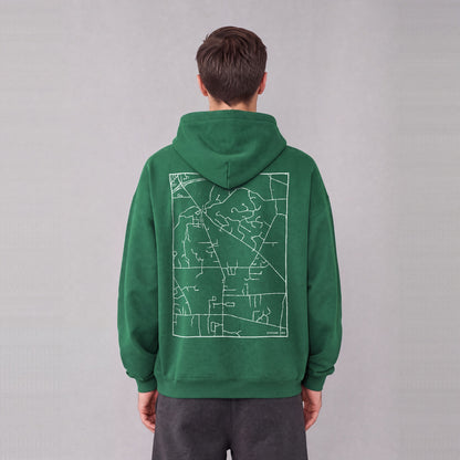 Kirtland map hoodie, back print on model - Eden Green