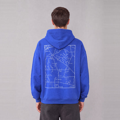 Kirtland map hoodie, back print on model - Royal Blue