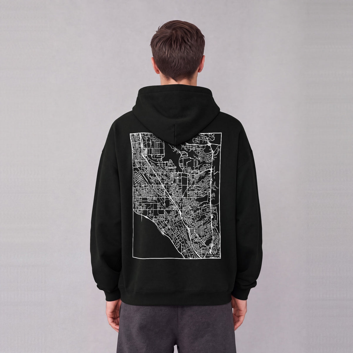 Layton map hoodie, back print on model - Black