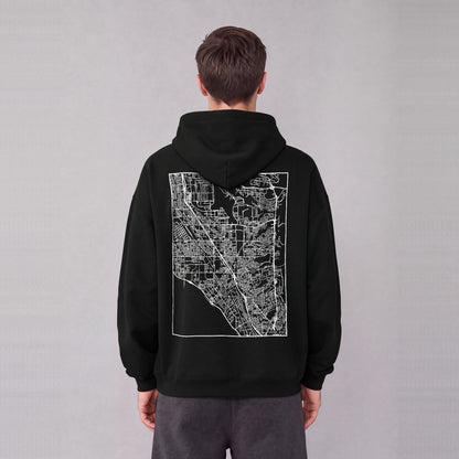 Layton map hoodie, back print on model - Black