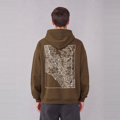 Layton map hoodie, back print on model - Coffee