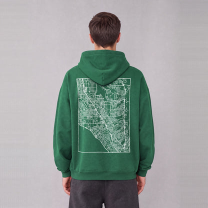 Layton map hoodie, back print on model - Eden Green