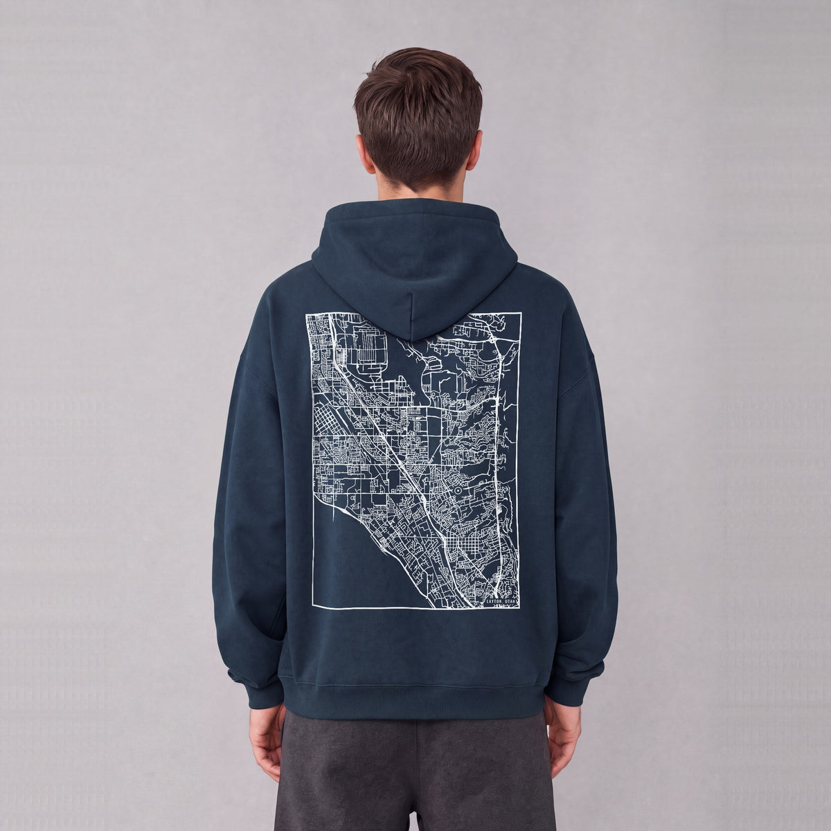 Layton map hoodie, back print on model - Navy Blue