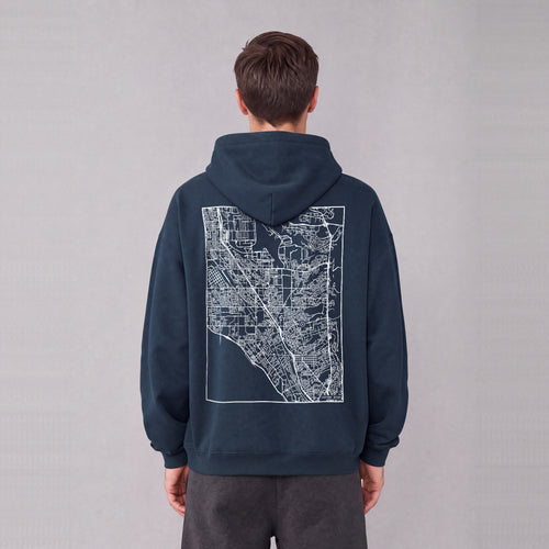 Layton map hoodie, back print on model - Navy Blue