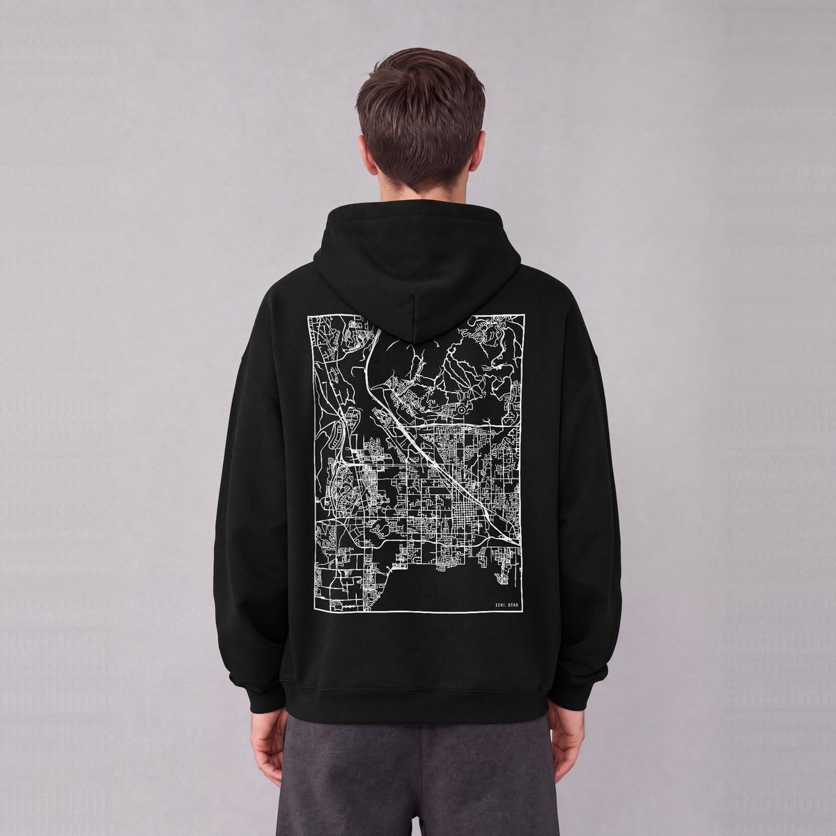Lehi map hoodie, back print on model - Black