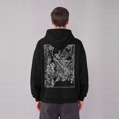 Lehi map hoodie, back print on model - Black