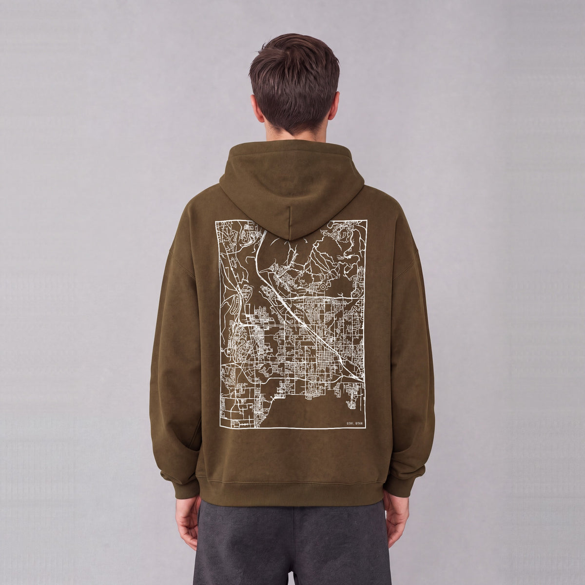 Lehi map hoodie, back print on model - Coffee