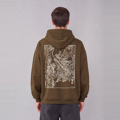 Lehi map hoodie, back print on model - Coffee