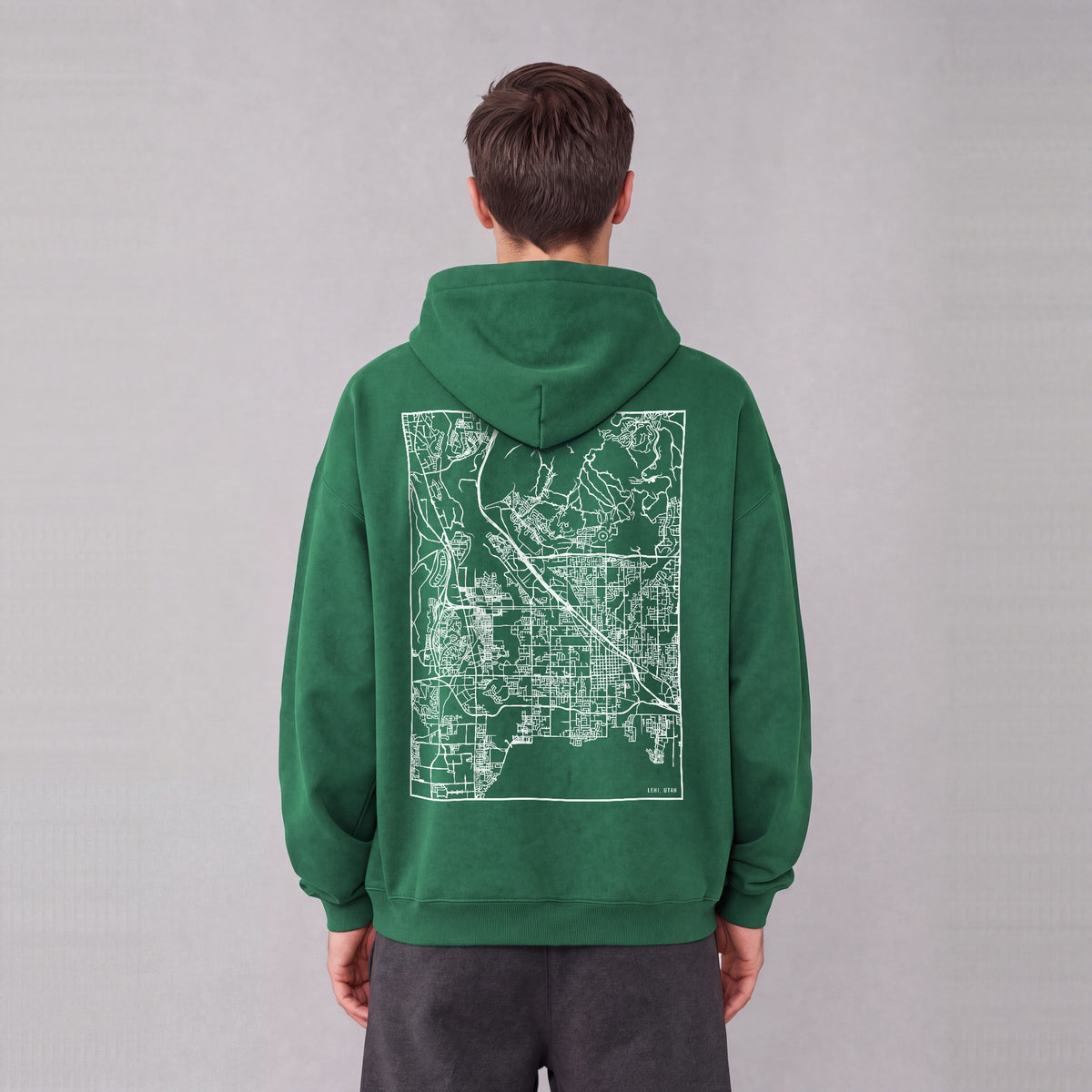 Lehi map hoodie, back print on model - Eden Green