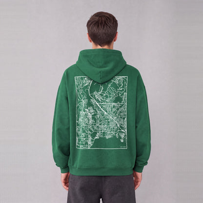 Lehi map hoodie, back print on model - Eden Green