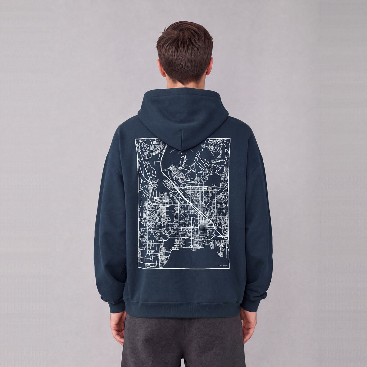 Lehi map hoodie, back print on model - Navy Blue