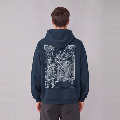Lehi map hoodie, back print on model - Navy Blue