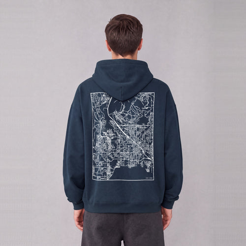 Lehi map hoodie, back print on model - Navy Blue