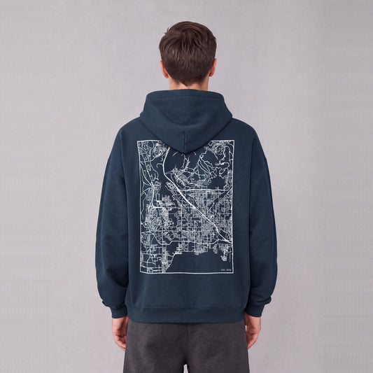 Lehi map hoodie, back print on model - Navy Blue