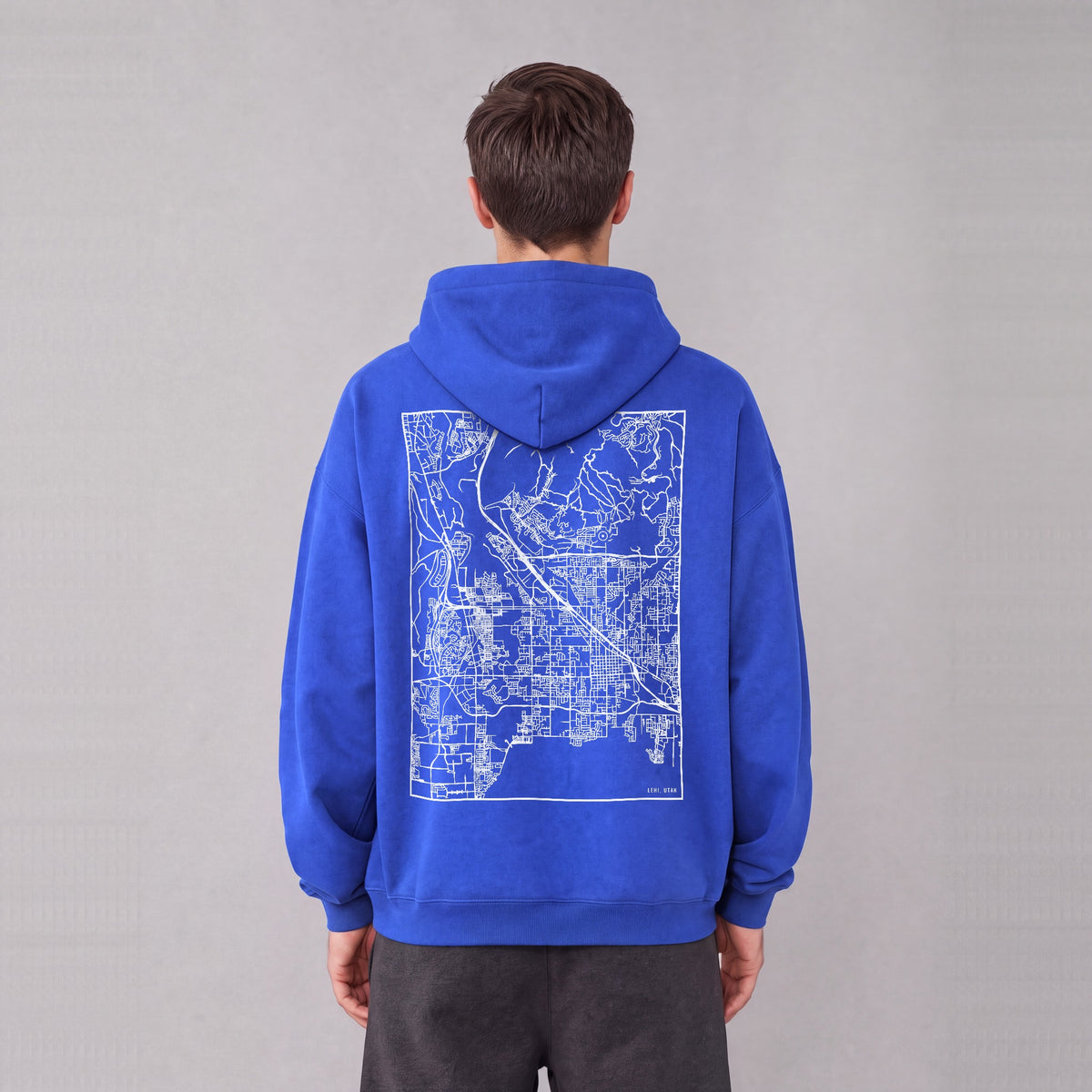 Lehi map hoodie, back print on model - Royal Blue
