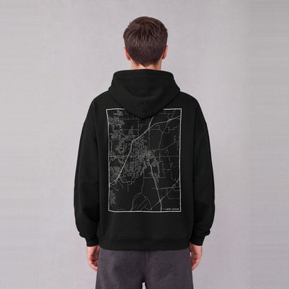 Liberty map hoodie, back print on model - Black