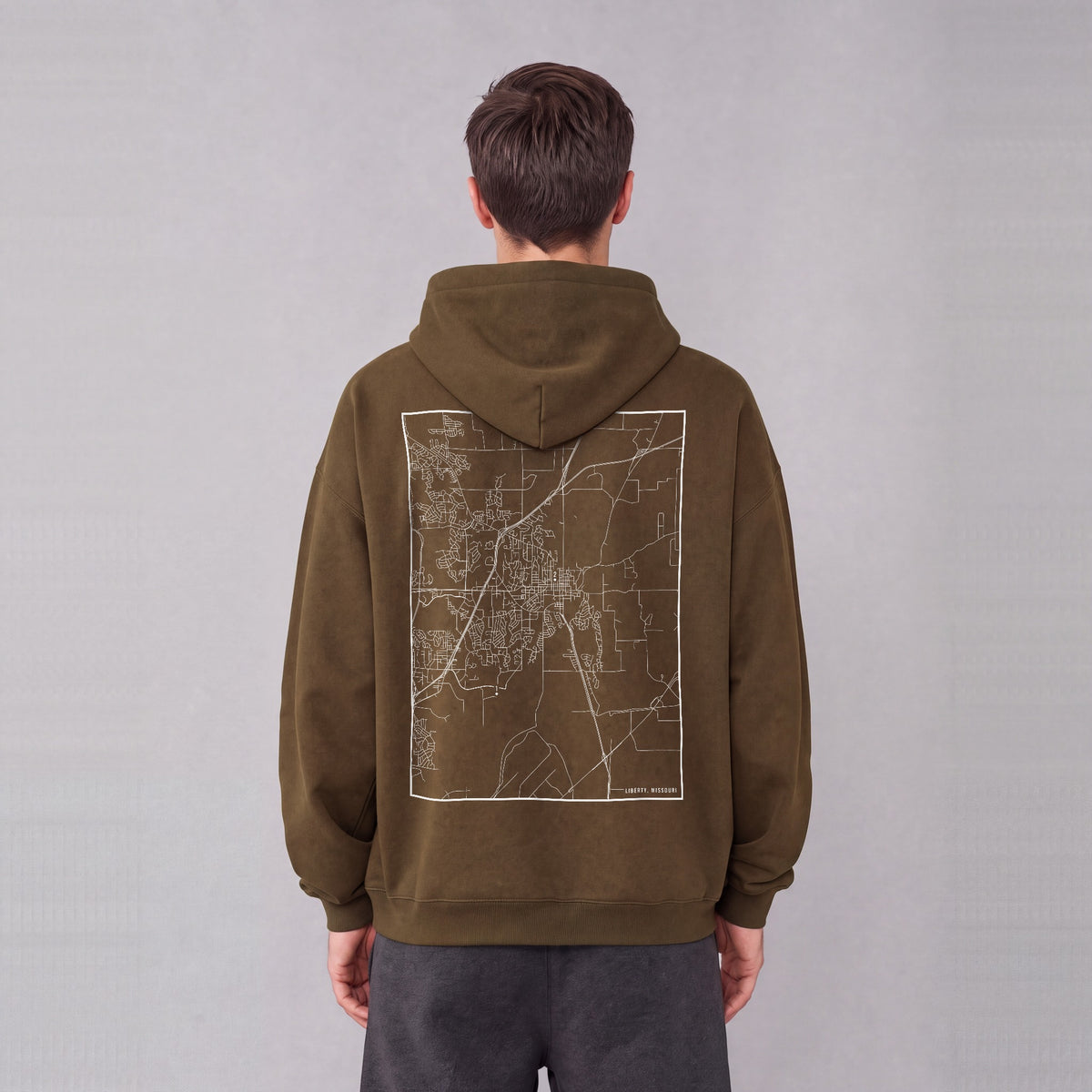 Liberty map hoodie, back print on model - Coffee