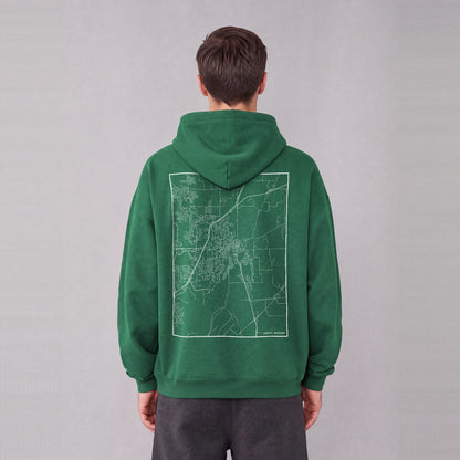 Liberty map hoodie, back print on model - Eden Green