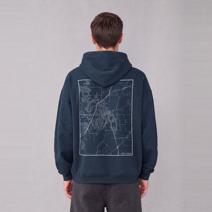Liberty map hoodie, back print on model - Navy Blue