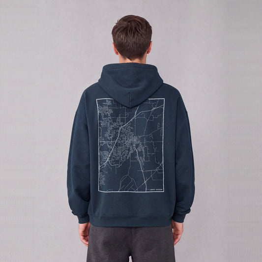 Liberty map hoodie, back print on model - Navy Blue
