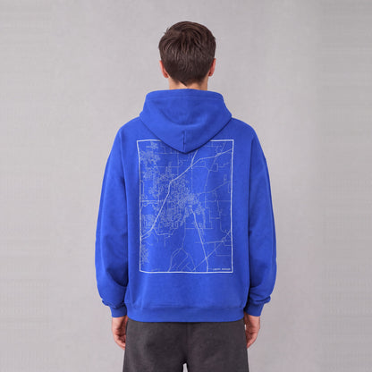 Liberty map hoodie, back print on model - Royal Blue