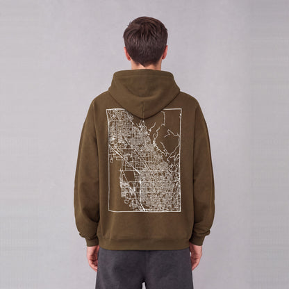 Lindon map hoodie, back print on model - Coffee