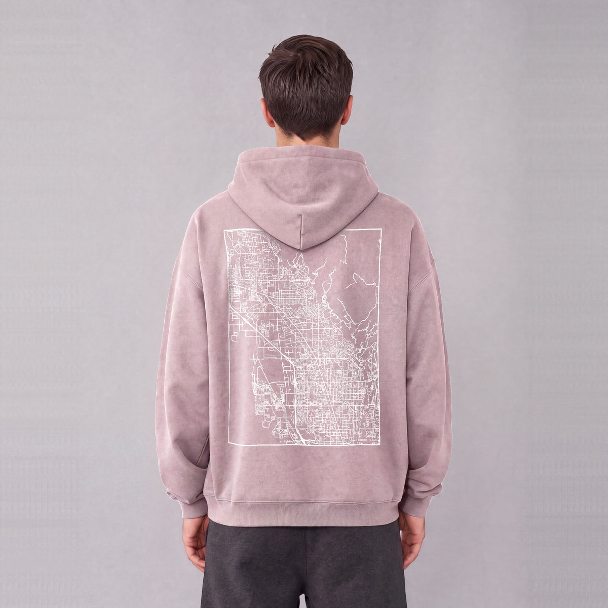 Lindon map hoodie, back print on model - Mauve