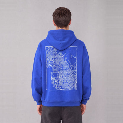 Lindon map hoodie, back print on model - Royal Blue