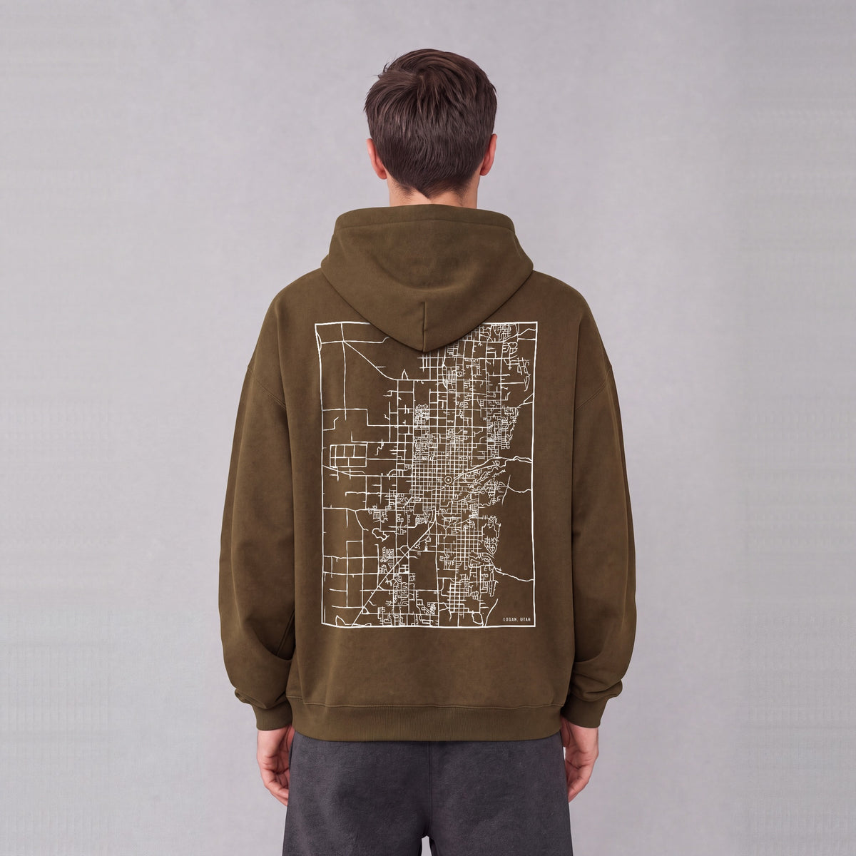 Logan map hoodie, back print on model - Coffee