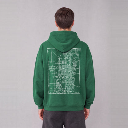Logan map hoodie, back print on model - Eden Green