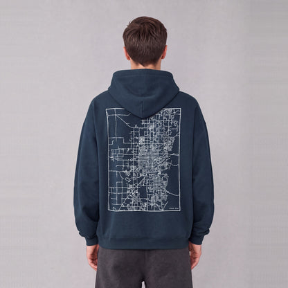 Logan map hoodie, back print on model - Navy Blue