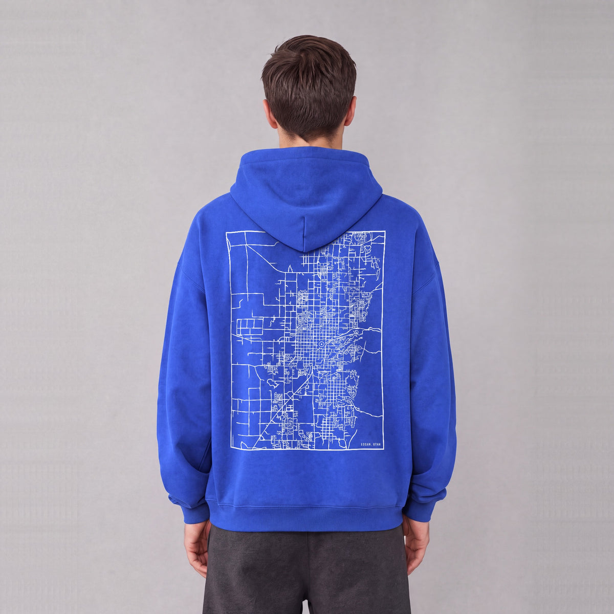Logan map hoodie, back print on model - Royal Blue