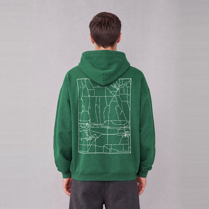 Manchester map hoodie, back print on model - Eden Green