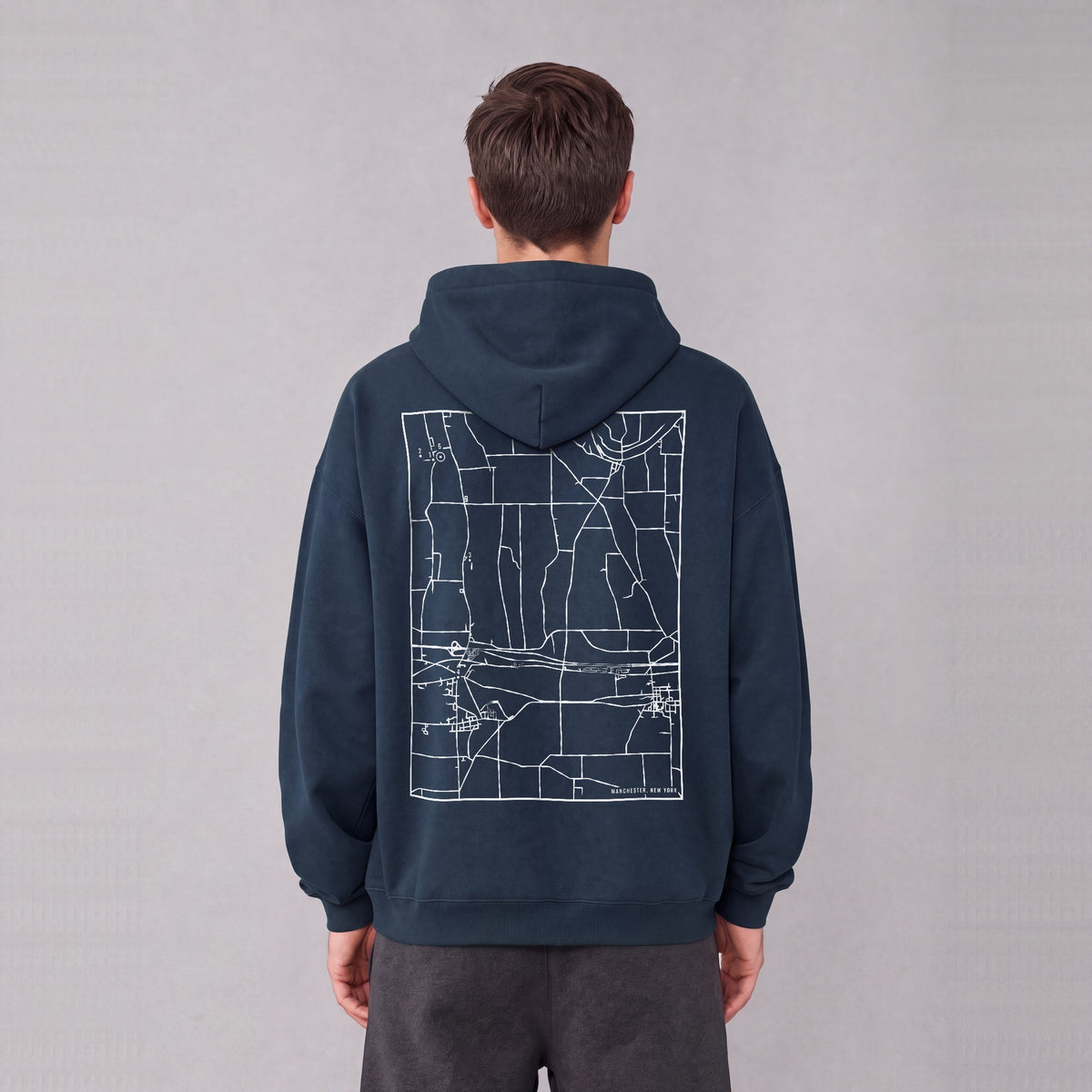Manchester map hoodie, back print on model - Navy Blue