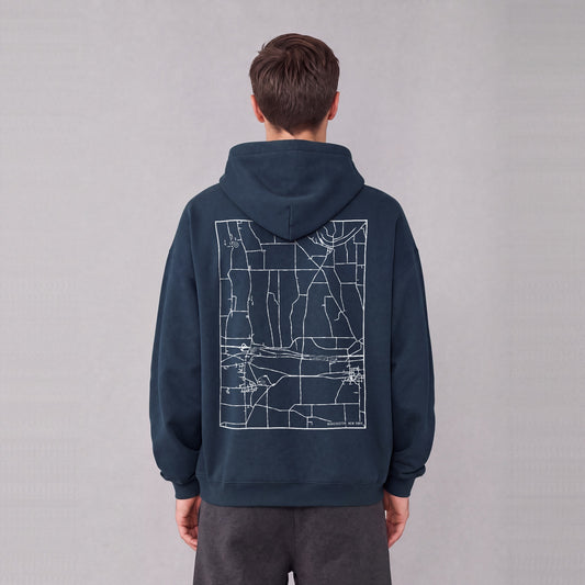 Manchester map hoodie, back print on model - Navy Blue