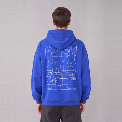 Manchester map hoodie, back print on model - Royal Blue