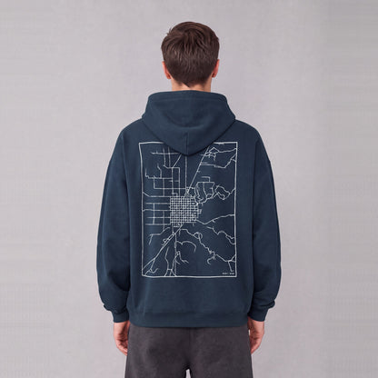Manti map hoodie, back print on model - Navy Blue