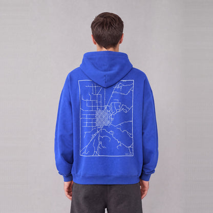 Manti map hoodie, back print on model - Royal Blue