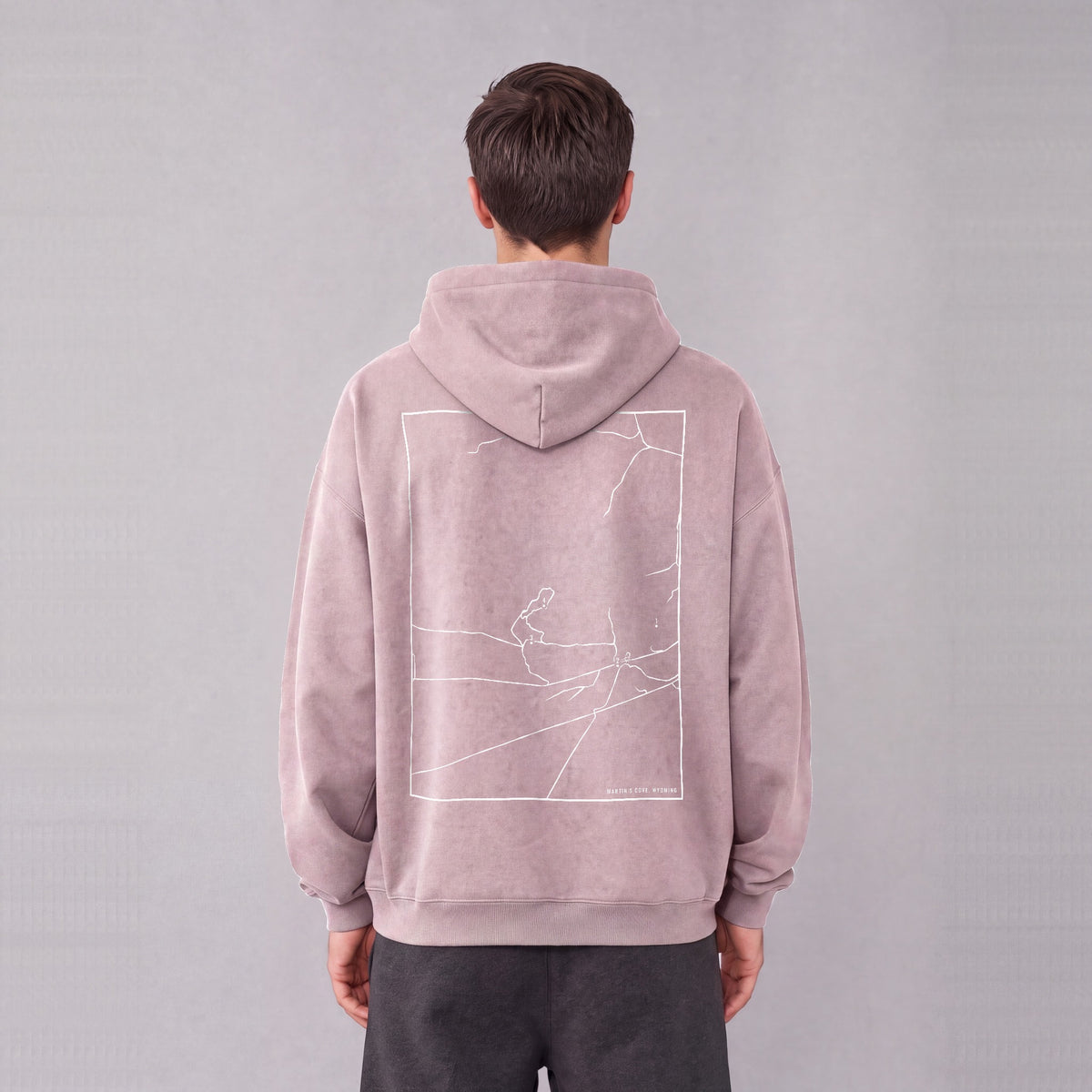 Martin's Cove map hoodie, back print on model - Mauve