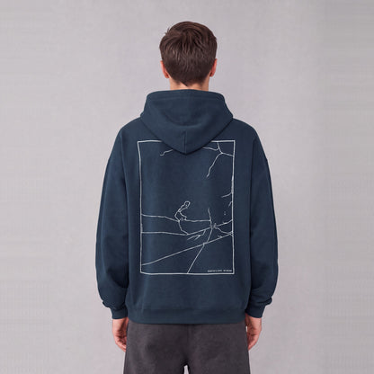 Martin's Cove map hoodie, back print on model - Navy Blue