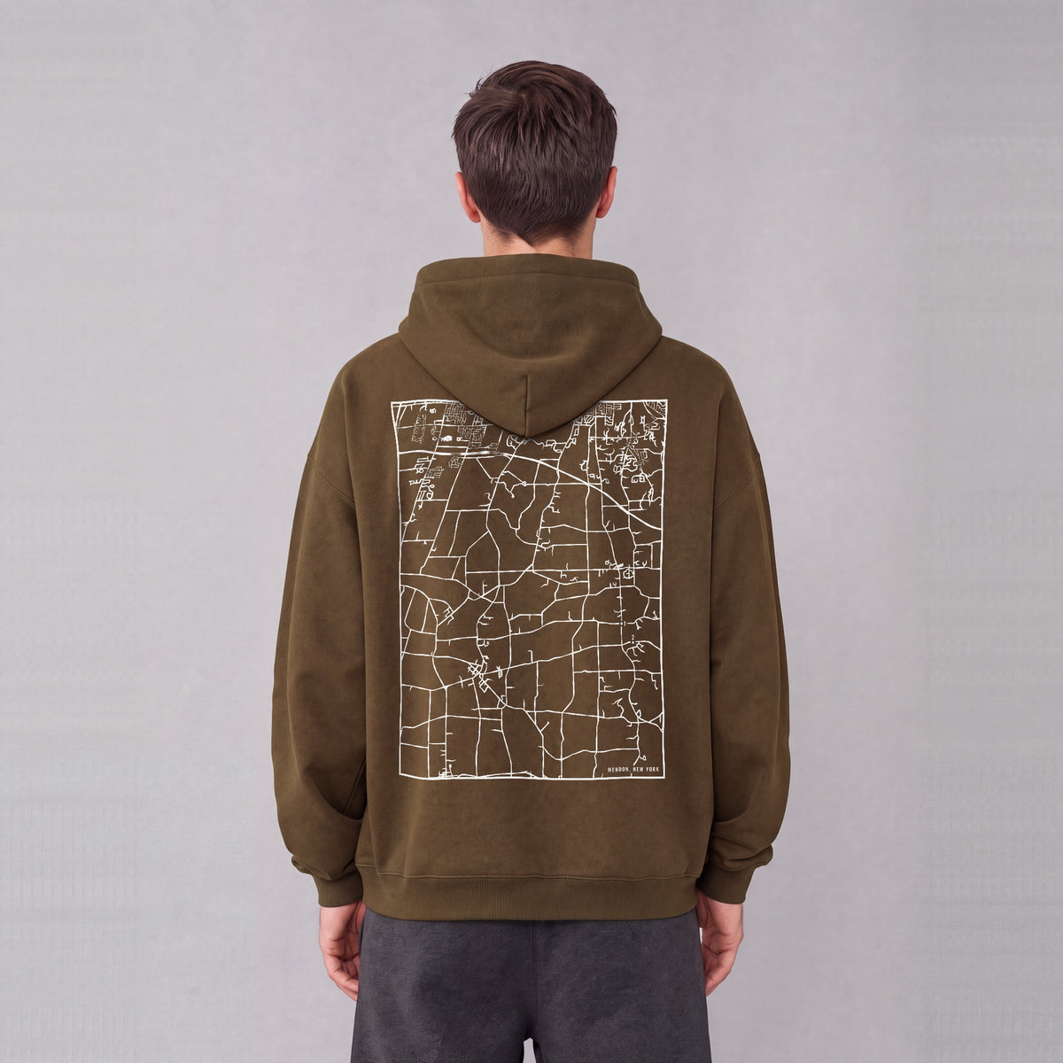 Mendon map hoodie, back print on model - Coffee