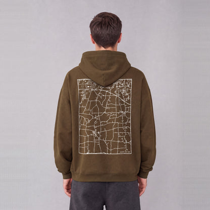 Mendon map hoodie, back print on model - Coffee