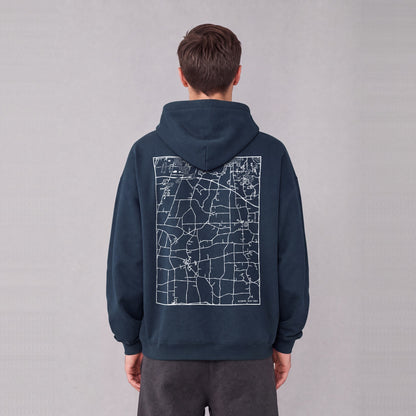 Mendon map hoodie, back print on model - Navy Blue