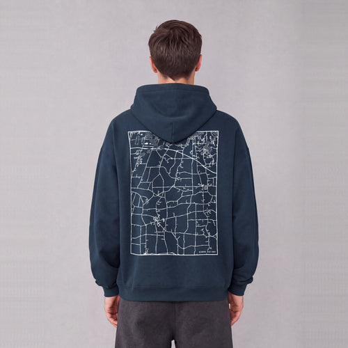 Mendon map hoodie, back print on model - Navy Blue