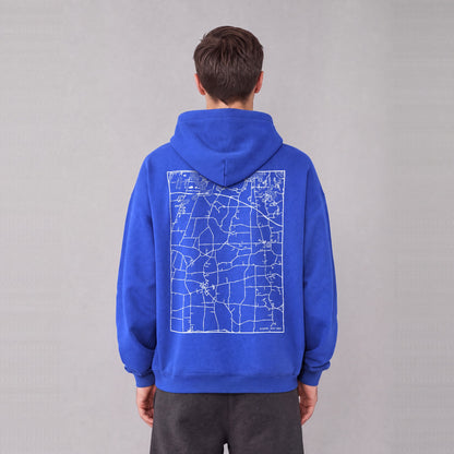 Mendon map hoodie, back print on model - Royal Blue