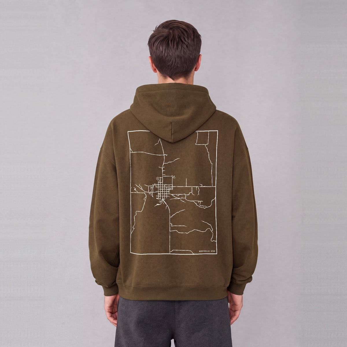 Monticello map hoodie, back print on model - Coffee
