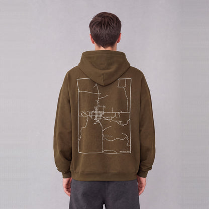 Monticello map hoodie, back print on model - Coffee
