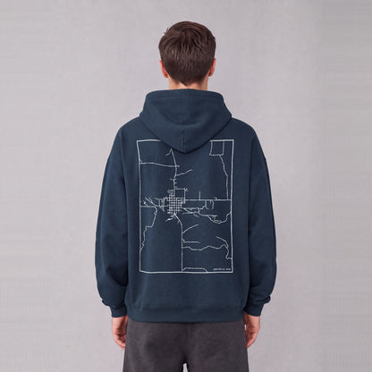 Monticello map hoodie, back print on model - Navy Blue