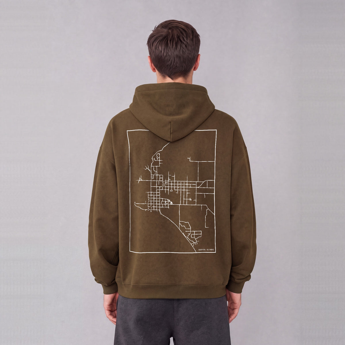 Nauvoo map hoodie, back print on model - Coffee