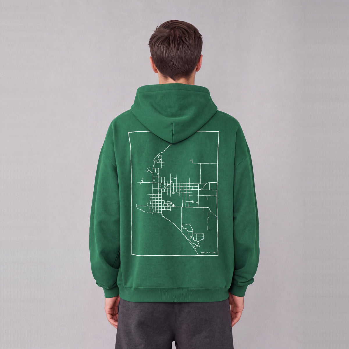 Nauvoo map hoodie, back print on model - Eden Green
